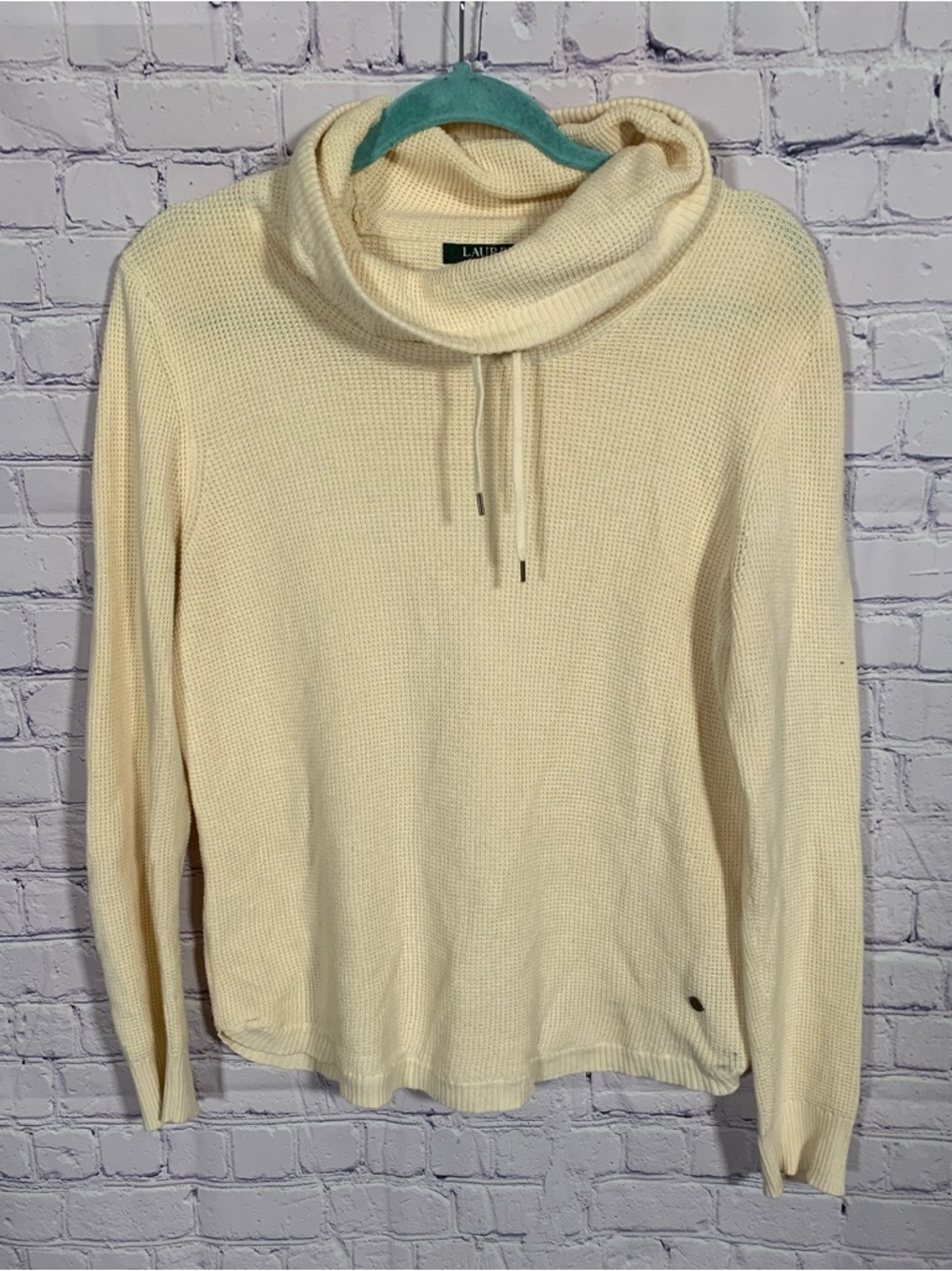 Lauren Ralph Lauren Womens Butter Yellow Waffle Knit Cowl Neck Pullover L Casual